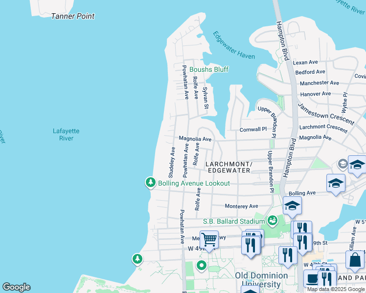 map of restaurants, bars, coffee shops, grocery stores, and more near 5437 Powhatan Avenue in Norfolk