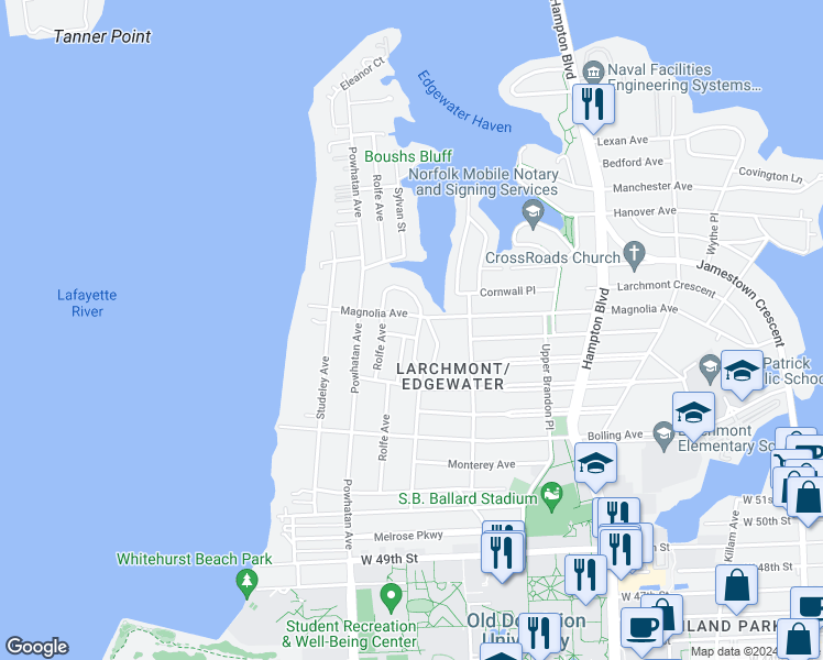map of restaurants, bars, coffee shops, grocery stores, and more near 5453 Argall Crescent in Norfolk