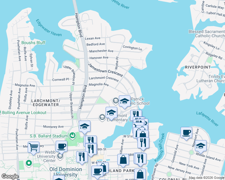 map of restaurants, bars, coffee shops, grocery stores, and more near 931 Magnolia Avenue in Norfolk