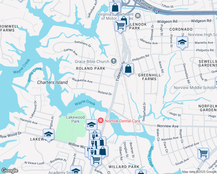 map of restaurants, bars, coffee shops, grocery stores, and more near 731 Waukesha Avenue in Norfolk