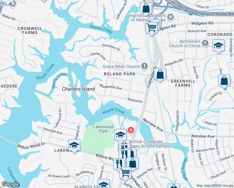 map of restaurants, bars, coffee shops, grocery stores, and more near 615 Roland Drive in Norfolk