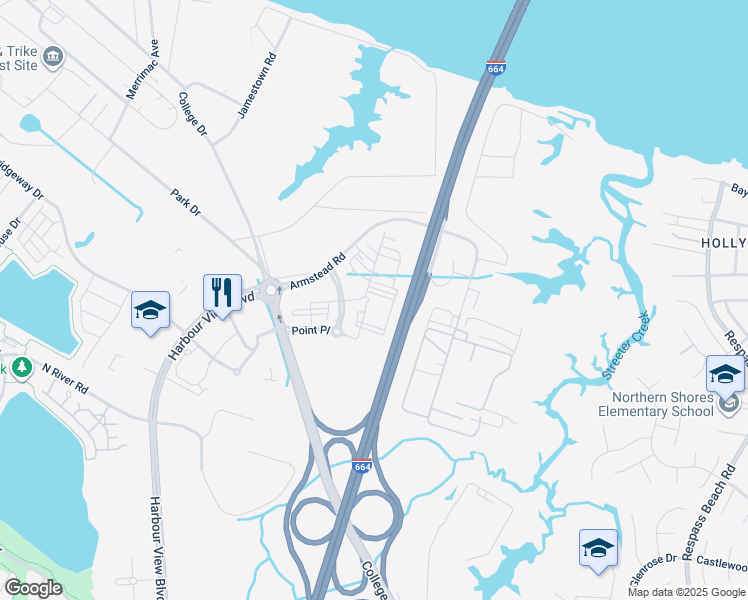 map of restaurants, bars, coffee shops, grocery stores, and more near 6500 College Drive in Suffolk