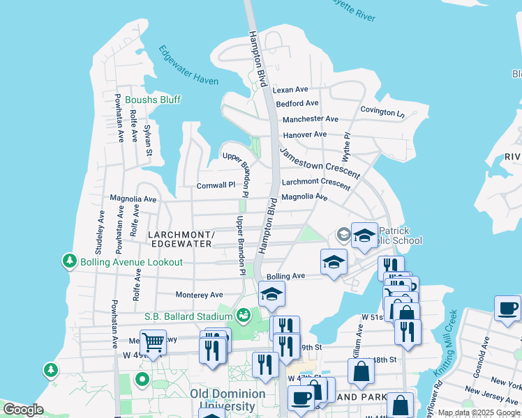 map of restaurants, bars, coffee shops, grocery stores, and more near 1210 Rockbridge Avenue in Norfolk