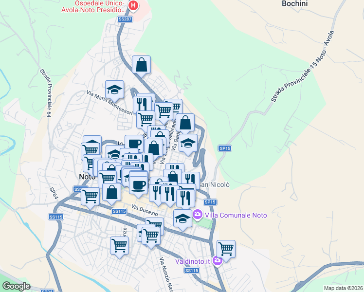 map of restaurants, bars, coffee shops, grocery stores, and more near 12 Via G. Alessi in Noto
