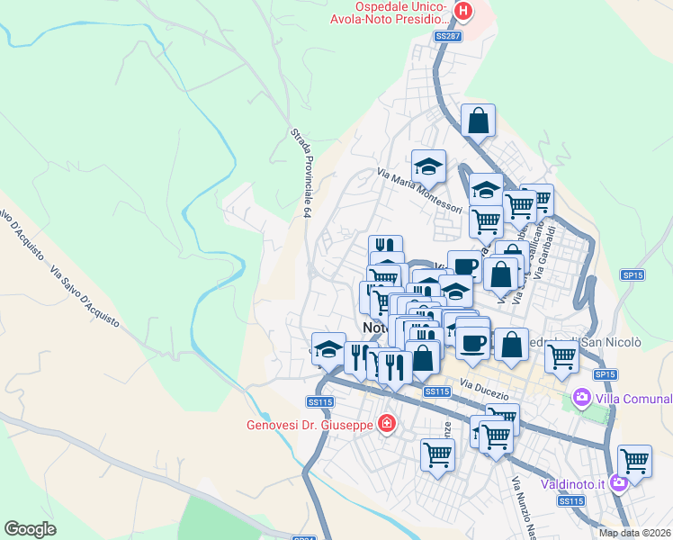 map of restaurants, bars, coffee shops, grocery stores, and more near Ronco S. di Giacomo in Noto