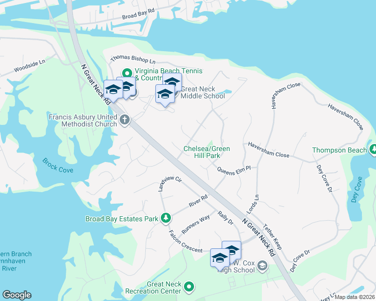 map of restaurants, bars, coffee shops, grocery stores, and more near 1705 Oxen Court in Virginia Beach