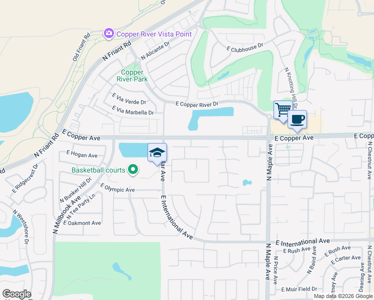 map of restaurants, bars, coffee shops, grocery stores, and more near 10801 North Eagle Crest Lane in Fresno
