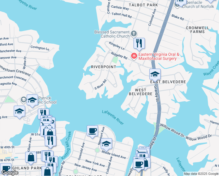 map of restaurants, bars, coffee shops, grocery stores, and more near 6036 Newport Crescent in Norfolk