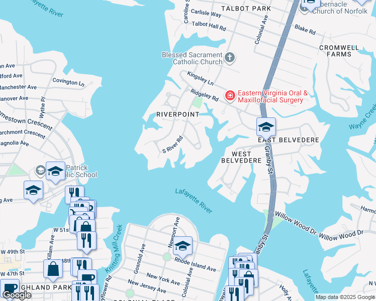 map of restaurants, bars, coffee shops, grocery stores, and more near 6036 Newport Crescent in Norfolk