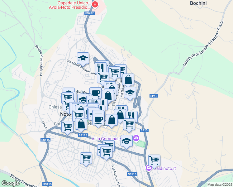 map of restaurants, bars, coffee shops, grocery stores, and more near 22 Via Sergio Sallicano in Noto