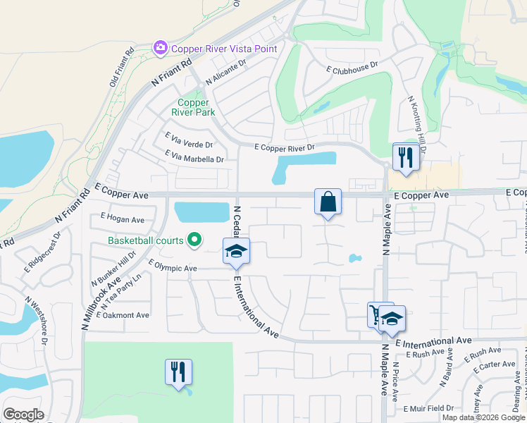 map of restaurants, bars, coffee shops, grocery stores, and more near 1543 East Golden Valley Way in Fresno