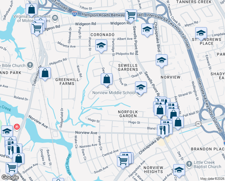 map of restaurants, bars, coffee shops, grocery stores, and more near 972 Winward Road in Norfolk