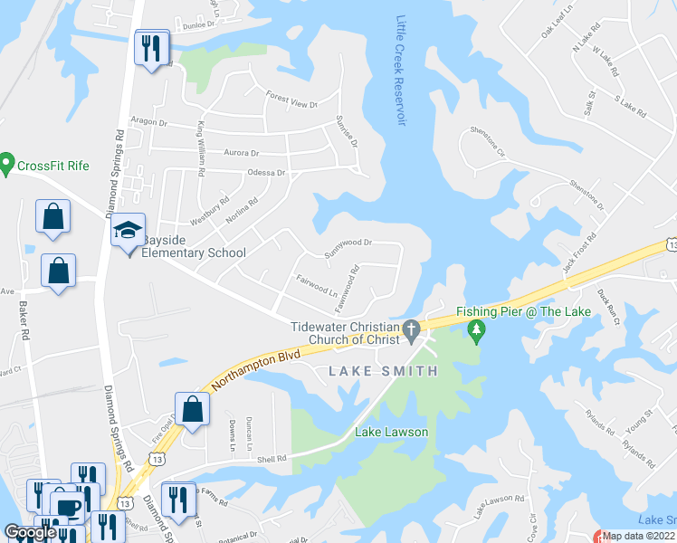 map of restaurants, bars, coffee shops, grocery stores, and more near 1504 Sunnywood Circle in Virginia Beach