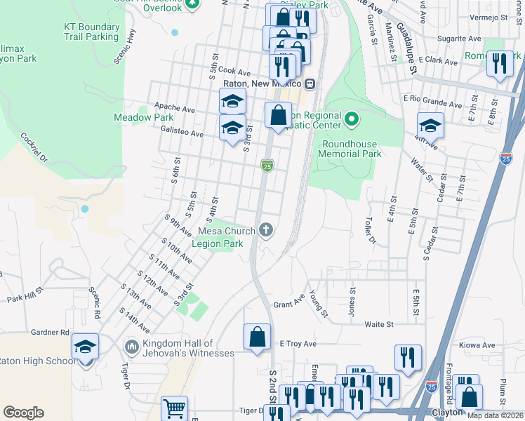 map of restaurants, bars, coffee shops, grocery stores, and more near 799 S 2nd St in Raton