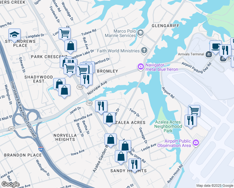 map of restaurants, bars, coffee shops, grocery stores, and more near 5802 Azalea Garden Road in Norfolk
