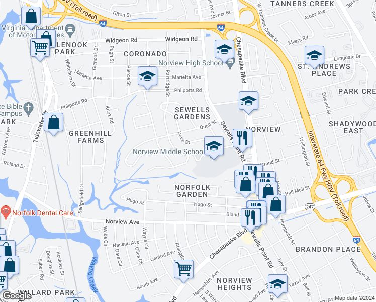map of restaurants, bars, coffee shops, grocery stores, and more near 6376 Partridge Street in Norfolk