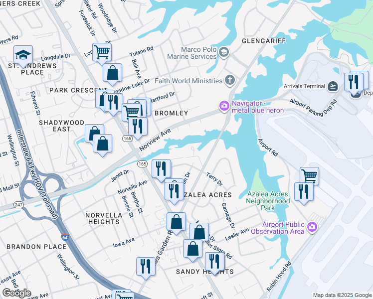 map of restaurants, bars, coffee shops, grocery stores, and more near 5802 Azalea Garden Road in Norfolk