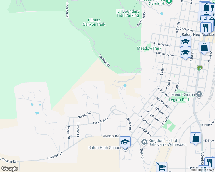 map of restaurants, bars, coffee shops, grocery stores, and more near 1350 Scenic Road in Raton
