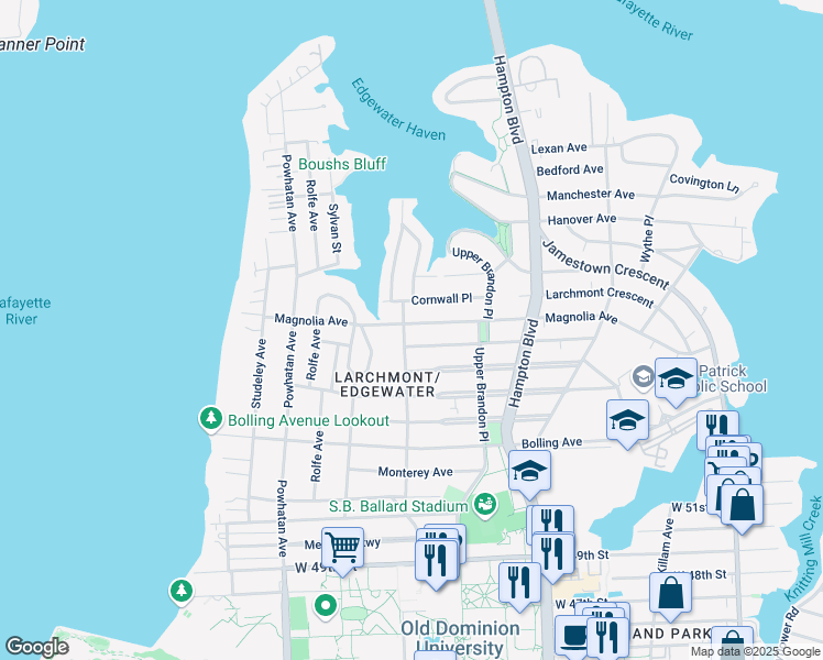 map of restaurants, bars, coffee shops, grocery stores, and more near 1363 Magnolia Avenue in Norfolk