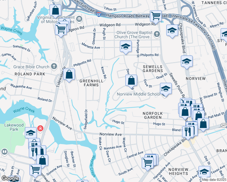 map of restaurants, bars, coffee shops, grocery stores, and more near 6418 Knox Road in Norfolk