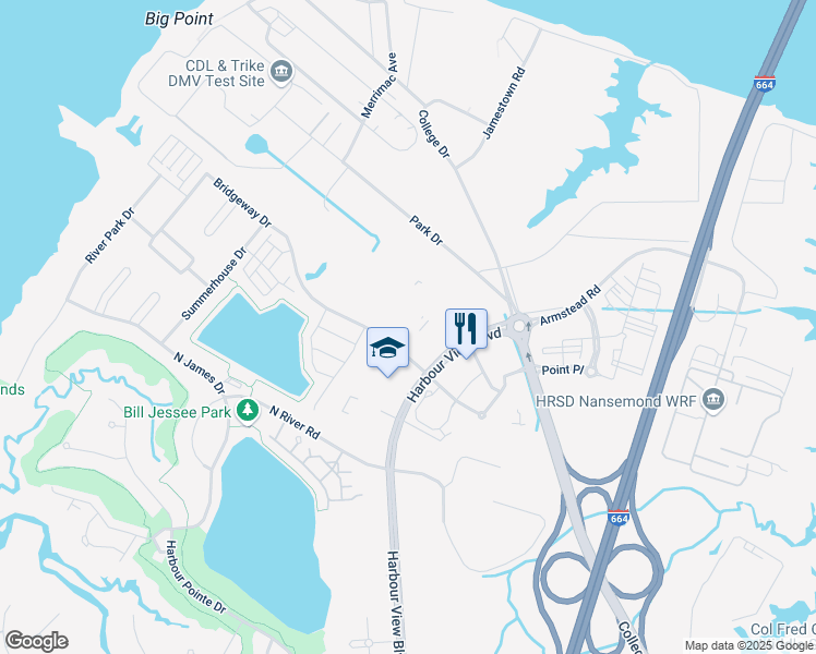 map of restaurants, bars, coffee shops, grocery stores, and more near 108 Drifter Drive in Suffolk