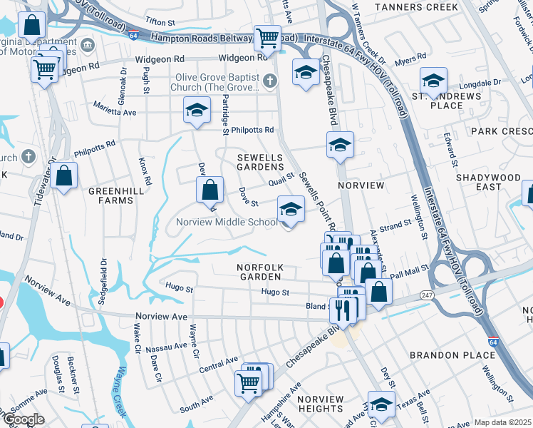 map of restaurants, bars, coffee shops, grocery stores, and more near 6380 Dove Street in Norfolk