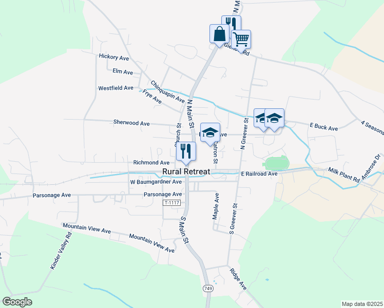 map of restaurants, bars, coffee shops, grocery stores, and more near 200 North Main Street in Rural Retreat