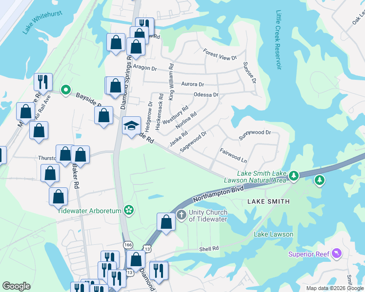 map of restaurants, bars, coffee shops, grocery stores, and more near 1517 Janke Road in Virginia Beach