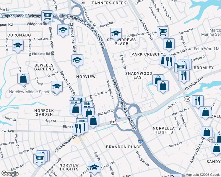 map of restaurants, bars, coffee shops, grocery stores, and more near 6325 Wellington Street in Norfolk