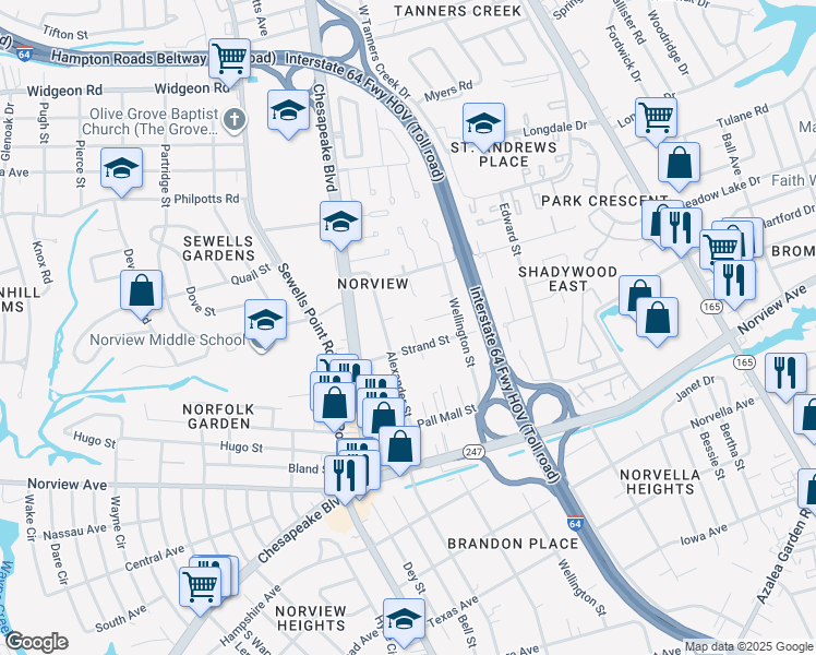 map of restaurants, bars, coffee shops, grocery stores, and more near 6343 Picadilly Square in Norfolk