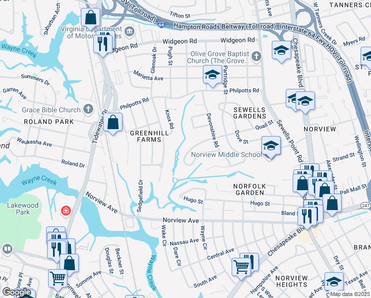 map of restaurants, bars, coffee shops, grocery stores, and more near 6418 Knox Road in Norfolk