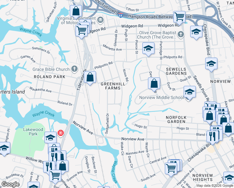 map of restaurants, bars, coffee shops, grocery stores, and more near 6337 Glenoak Drive in Norfolk