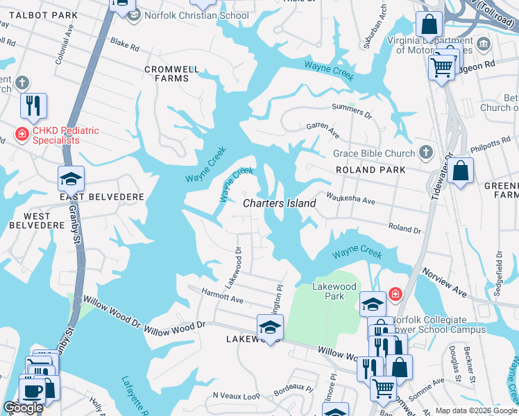 map of restaurants, bars, coffee shops, grocery stores, and more near 5726 Shenandoah Avenue in Norfolk