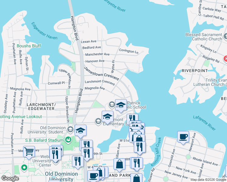 map of restaurants, bars, coffee shops, grocery stores, and more near 1015 Larchmont Crescent in Norfolk