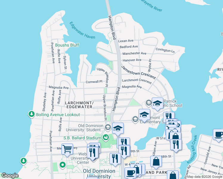 map of restaurants, bars, coffee shops, grocery stores, and more near 5905 Hampton Boulevard in Norfolk