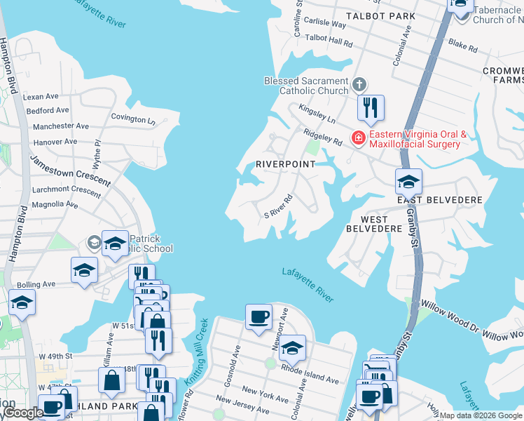 map of restaurants, bars, coffee shops, grocery stores, and more near 6011 South River Road in Norfolk