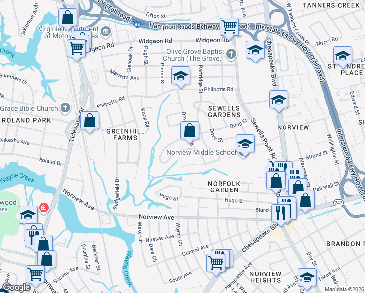 map of restaurants, bars, coffee shops, grocery stores, and more near 6372 Devonshire Road in Norfolk