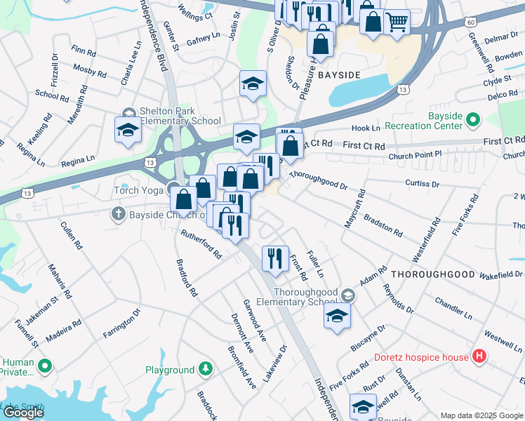 map of restaurants, bars, coffee shops, grocery stores, and more near 1613 Waxhaws Lane in Virginia Beach