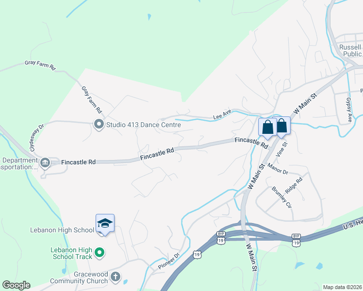 map of restaurants, bars, coffee shops, grocery stores, and more near 679 Fincastle Road in Lebanon