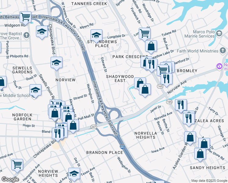 map of restaurants, bars, coffee shops, grocery stores, and more near 1454 Shadywood Road in Norfolk