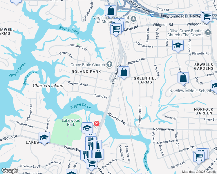 map of restaurants, bars, coffee shops, grocery stores, and more near 6300 Tidewater Drive in Norfolk
