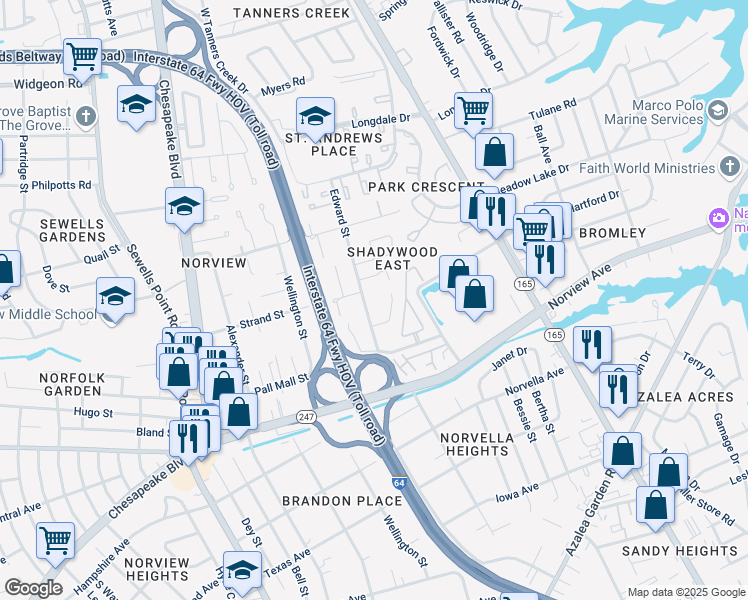 map of restaurants, bars, coffee shops, grocery stores, and more near 1454 Shadywood Road in Norfolk