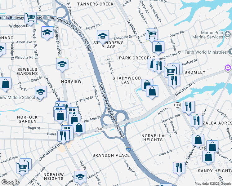 map of restaurants, bars, coffee shops, grocery stores, and more near 1360 Strand Street in Norfolk