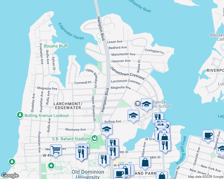 map of restaurants, bars, coffee shops, grocery stores, and more near 1138 Magnolia Avenue in Norfolk