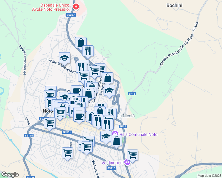 map of restaurants, bars, coffee shops, grocery stores, and more near 38 Via Andrea Barbazio in Noto