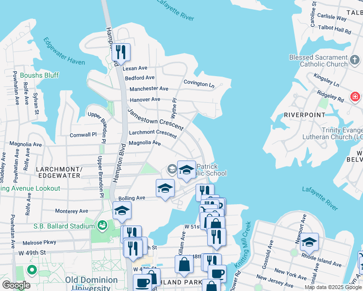 map of restaurants, bars, coffee shops, grocery stores, and more near 927 Larchmont Crescent in Norfolk