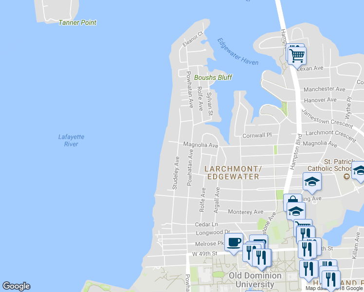 map of restaurants, bars, coffee shops, grocery stores, and more near 5416 Studeley Avenue in Norfolk
