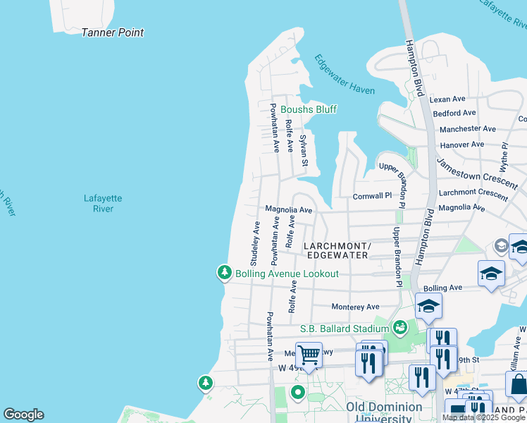 map of restaurants, bars, coffee shops, grocery stores, and more near 5416 Studeley Avenue in Norfolk