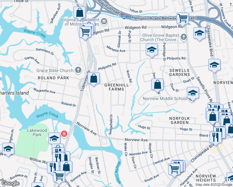 map of restaurants, bars, coffee shops, grocery stores, and more near 6331 Avon Road in Norfolk