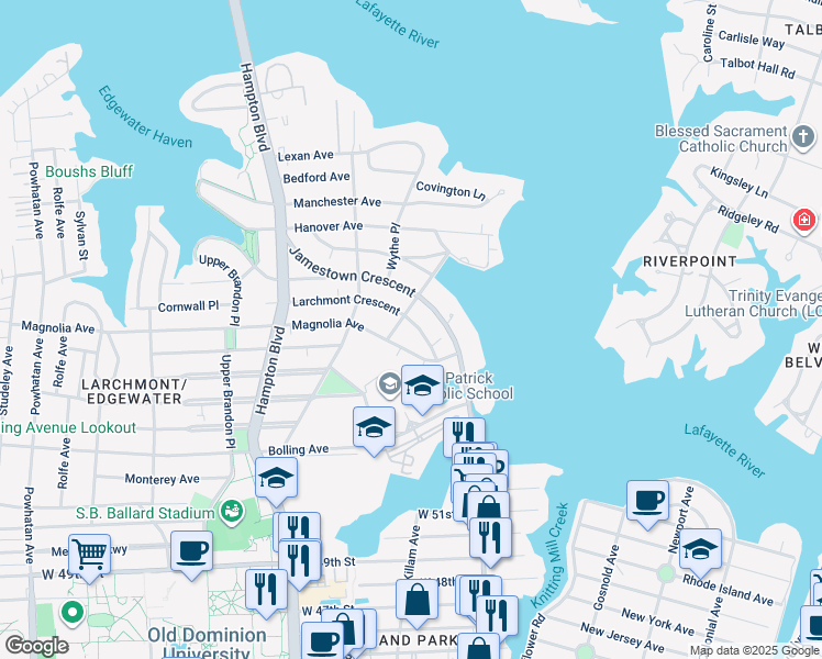 map of restaurants, bars, coffee shops, grocery stores, and more near 927 Larchmont Crescent in Norfolk